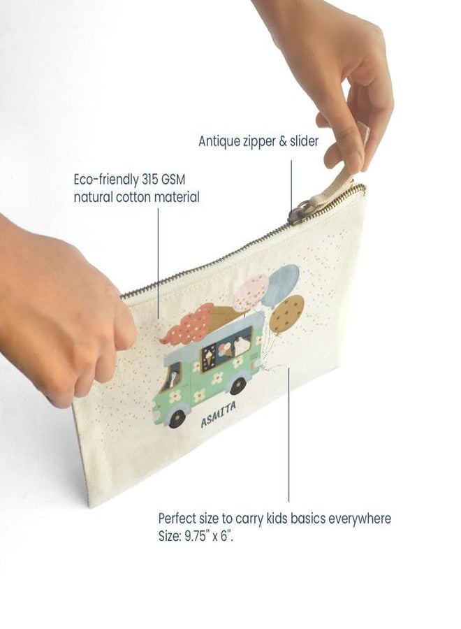 Zooboo Catch All Pouch Personalized with Kid's Names, 100% Cotton with Zipper, Pencil Pouch for Boys and Girls, School Supply Stationery Box Organizer for Students Ice Cream Fun - Image 4